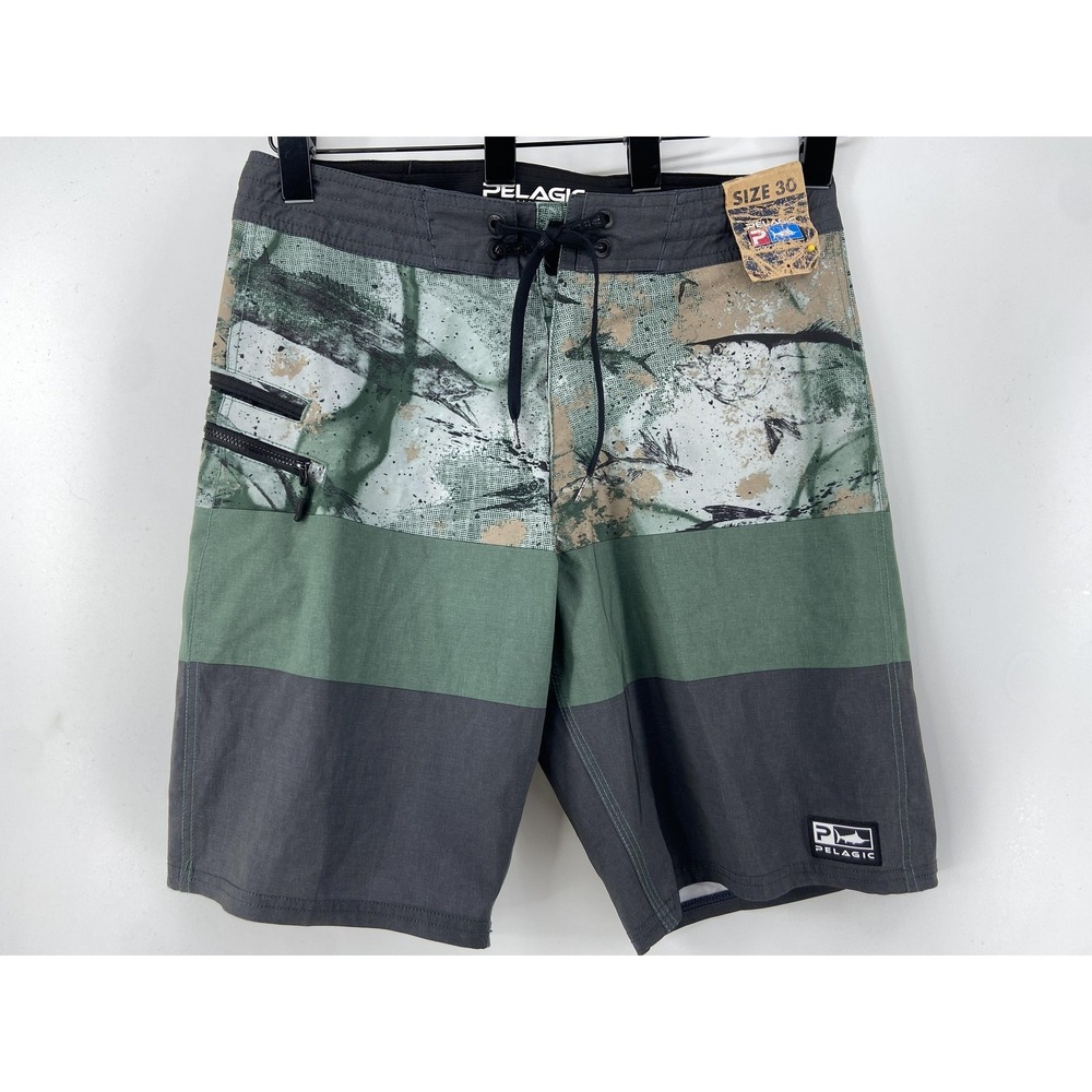 Pelagic Swim Shorts Mens 30 Green Strike Boardshorts Fish Camo Surf Swim Beach
